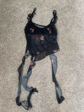 Black Sheer Floral Tie-Back Crop Top